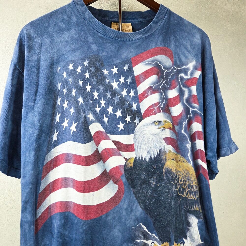 The Mountain Bald Eagle American Flag Lightning Nature T Shirt Blue Sz XL